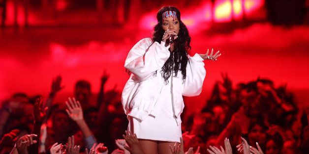 Rihanna performs on stage at the MTV Movie Awards on Sunday, April 13, 2014, at Nokia Theatre in Los Angeles. (Photo by Matt Sayles/Invision/AP)