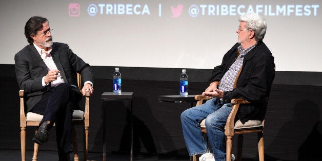 NEW YORK, NY - APRIL 17: Stephen Colbert (L) and George Lucas speak onstage at Tribeca Talks: Director Series: George Lucas