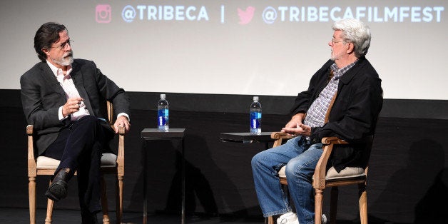 NEW YORK, NY - APRIL 17: Stephen Colbert (L) and George Lucas speak onstage at Tribeca Talks: Director Series: George Lucas With Stephen Colbert during the 2015 Tribeca Film Festival at BMCC Tribeca PAC on April 17, 2015 in New York City. (Photo by Jamie McCarthy/Getty Images for the 2015 Tribeca Film Festival )