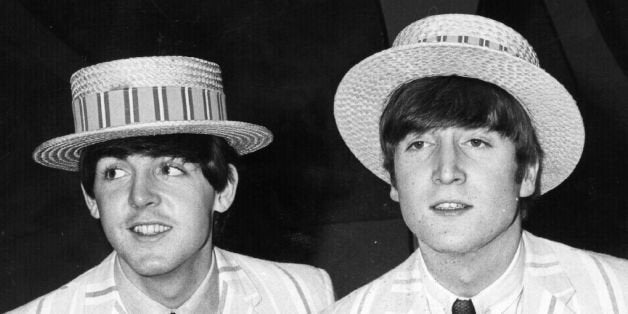 December 1963: The Beatles (clockwise from top left) Paul McCartney, John Lennon (1940 - 1980), George Harrison (1943 - 2001) and Ringo Starr, dressed in boaters and blazers during the filming of a television show 'Night of a Hundred Stars' with comedians Morecambe and Wise. (Photo by Ron Case/Keystone/Getty Images)