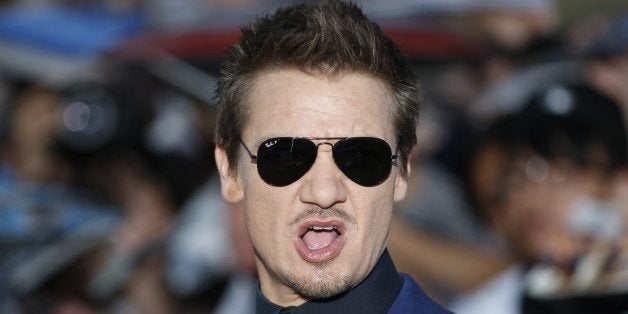 US actor Jeremy Renner poses on the red carpet for the European premiere of the film 'Avengers: Age of Ultron' in London on A