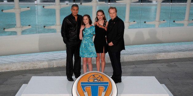 VALENCIA, SPAIN - MAY 19: (L-R) George Clooney, Raffey Cassidy, Britt Robertson and Brad Bird attend the premiere of Disney's 'Tomorrowland' at the L'Hemisferic on May 19, 2015 in Valencia, Spain. (Photo by Manuel Queimadelos Alonso/Getty Images)