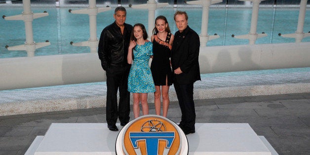 VALENCIA, SPAIN - MAY 19: (L-R) George Clooney, Raffey Cassidy, Britt Robertson and Brad Bird attend the premiere of Disney'