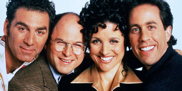 SEINFELD -- Season 9 -- Pictured: (l-r) Michael Richards as Cosmo Kramer, Jason Alexander as George Costanza, Julia Louis-Dreyfus as Elaine Benes, Jerry Seinfeld as Jerry Seinfeld (Photo by Andrew Eccles/NBC/NBCU Photo Bank via Getty Images)