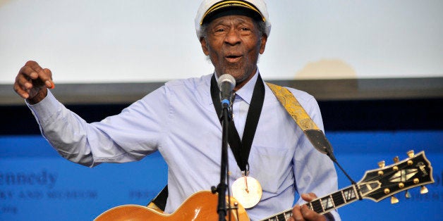 FILE - This Feb. 26, 2012 file photo, musician Chuck Berry plays "Johnny B. Goode" at the John F. Kennedy Presidential Library and Museum in Boston. Berry will be honored this fall by the Rock and Roll Hall of Fame as part of its American Music Masters series. (AP Photo/Josh Reynolds, File)