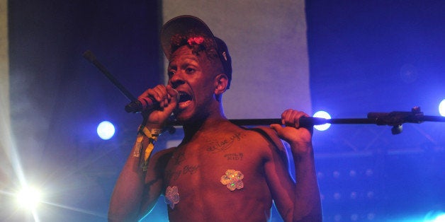 LONDON, UNITED KINGDOM - JULY 21: Mykki Blanco performs on stage on day 3 of Lovebox Festival 2013 at Victoria Park on July 21, 2013 in London, England. (Photo by Burak Cingi/Redferns via Getty Images)