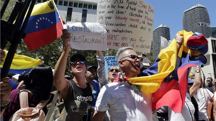 A Venezuelan-American demonstration in Miami protesting an appearance by Venezuelan President Nicolas Maduro in a celebrity c