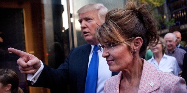 NEW YORK, NY - MAY 31: Former U.S. Vice presidential candidate and Alaska Governor Sarah Palin (R), and Donald Trump walk to