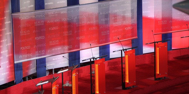 SIMI VALLEY, CA - SEPTEMBER 7: The stage is seen inside Air Force One Pavilion before the start of the Ronald Reagan Centennial GOP Presidential Primary Candidates Debate at the Ronald Reagan Presidential Library on September 7, 2011 in Simi Valley, California. The debate is sponsored by POLITICO and NBC News. (Photo by David McNew/Getty Images)