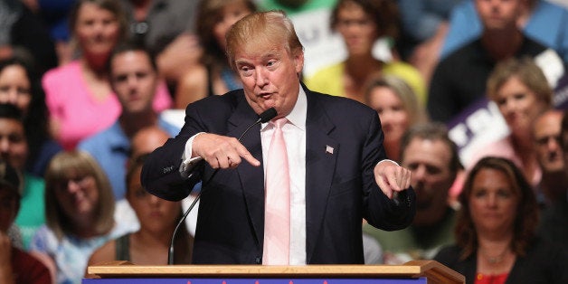 OSKALOOSA, IA - JULY 25: Republican presidential hopeful businessman Donald Trump speaks to guests gathered for a rally on July 25, 2015 in Oskaloosa, Iowa. During his last visit to the state Trump sparked controversy when he said Senator John McCain (R-AZ), a former POW, was not a war hero. (Photo by Scott Olson/Getty Images)