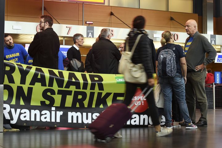 Workers striking at a Brussels airport last week