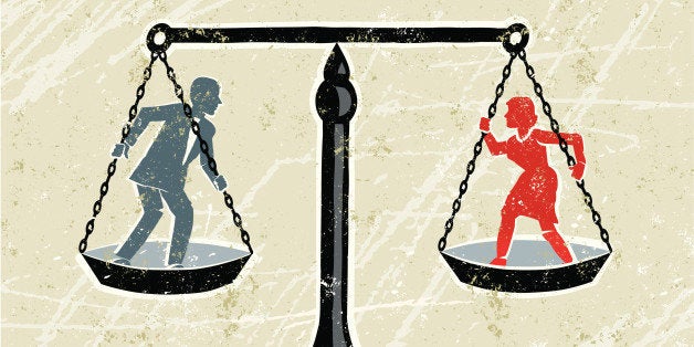 Equality! A stylized vector cartoon of a man and a woman being weighed on scales,reminiscent of an old screen print poster an