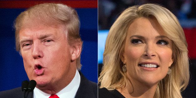This combination made from Aug. 6, 2015 photos shows republican presidential candidate Donald Trump, left, and Fox News Channel host and moderator Megyn Kelly during the first Republican presidential debate at the Quicken Loans Arena, in Cleveland. Angry over what he considered unfair treatment at the debate, Trump told CNN on Friday night that Kelly had "blood coming out of her eyes, blood coming out of her wherever." (AP Photo/John Minchillo)