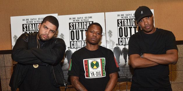 ATLANTA, GA - JULY 24: (L-R) Actors O'Shea Jackson Jr., Jason Mitchell, and Corey Hawkins attend 'Straight Outta Compton' VIP Screening With Director/ Producer F. Gary Gray, Producer Ice Cube, Executive Producer Will Packer, And Cast Members at Regal Atlantic Station on July 24, 2015 in Atlanta, Georgia. (Photo by Paras Griffin/Getty Images for Universal Pictures)