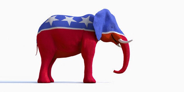 Elephant statue painted red, white and blue