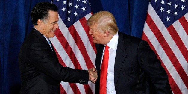 LAS VEGAS, NV - FEBRUARY 02: Republican presidential candidate, former Massachusetts Gov. Mitt Romney (L) and Donald Trump shake hands during a news conference held by Trump to endorse Romney for president at the Trump International Hotel & Tower Las Vegas February 2, 2012 in Las Vegas, Nevada. Romney came in first in the Florida primary on January 31 and is looking ahead to Nevada's caucus on February 4. (Photo by Ethan Miller/Getty Images)
