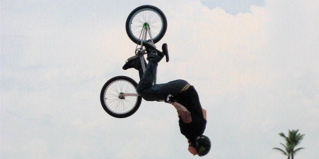 Ryan Guettler pulled the no-handed backflip card. Last time he tried this trick, he got knocked out, lost a few teeth and broke a few bones, so he looked pretty nervous to have to pull it on the spot.