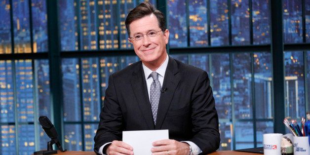 LATE NIGHT WITH SETH MEYERS -- Episode 090 -- Pictured: Talk show host Stephen Colbert does an introduces Gwen Stefani on September 3, 2014 -- (Photo by: Lloyd Bishop/NBC/NBCU Photo Bank via Getty Images)