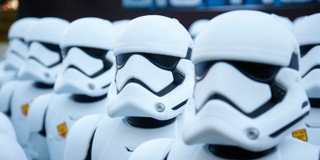 Over 100 JAKKS BIG-FIGS Stormtrooper action figures are seen as a part of an installation at The Americana at Brand for the opening of Star Wars: The Force Awakens, Thursday, Dec. 17, 2015, in Glendale, Calif. The new BIG-FIGS Stormtroopers, inspired by the latest Star Wars movie, are available now at all major retailers. (Photo by Danny Moloshok/Invision for JAKKS/AP Images)