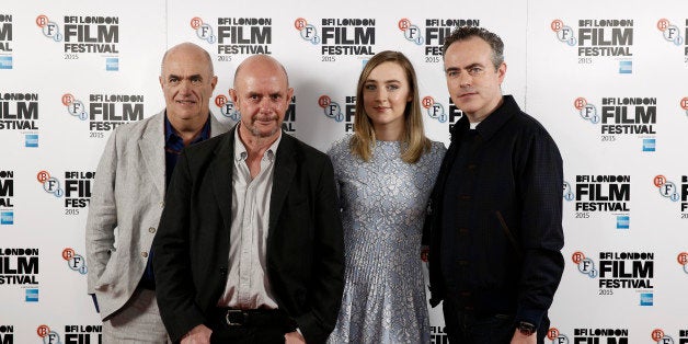 LONDON, ENGLAND - OCTOBER 12: (L-R) Novelist Colm Toibin, screenwriter Nick Hornby, actress Saoirse Ronan and director John Crowley attend a photocall for 'Brooklyn' during the BFI London Film Festival at The Mayfair Hotel on October 12, 2015 in London, England. (Photo by John Phillips/Getty Images for BFI)