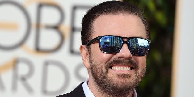 Ricky Gervais arrives at the 73rd annual Golden Globe Awards on Sunday, Jan. 10, 2016, at the Beverly Hilton Hotel in Beverly Hills, Calif. (Photo by Jordan Strauss/Invision/AP)