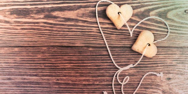 Heart shaped ginger cookies for Valentine's Day. Top view with copy space. Valentines day concept