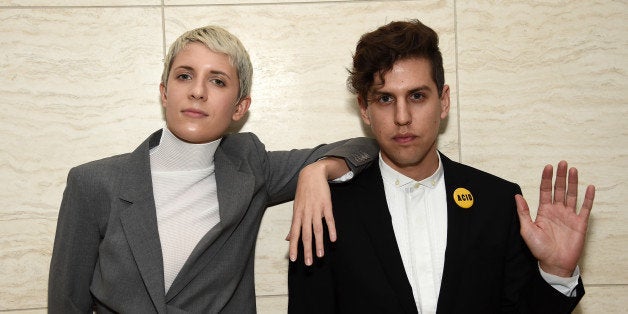 LOS ANGELES, CA - FEBRUARY 05: Recording artists Claire L. Evans (L) and Jona Bechtolt of the band Yacht attend the Los Ange