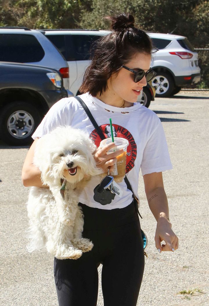 Lucy Hale and her dog Elvis. 