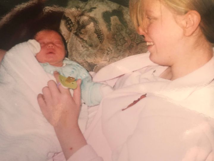 Janine Aldridge at the age of 16 with her baby daughter Leah