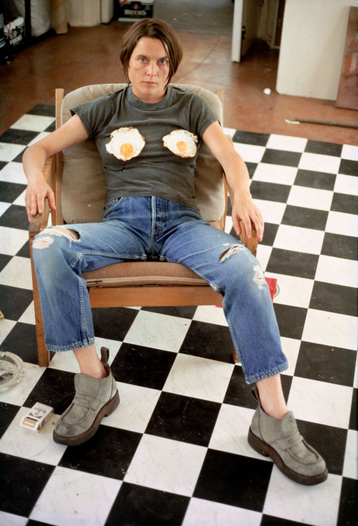 Sarah Lucas' 1996 C-print "Self-portrait with Fried Eggs."