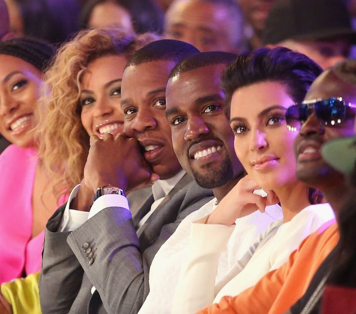 LOS ANGELES, CA - JULY 01: (L-R) Singer Beyonce, rappers Jay-Z and Kanye West and television personality Kim Kardashian attend the 2012 BET Awards at The Shrine Auditorium on July 1, 2012 in Los Angeles, California. (Photo by Christopher Polk/Getty Images For BET)