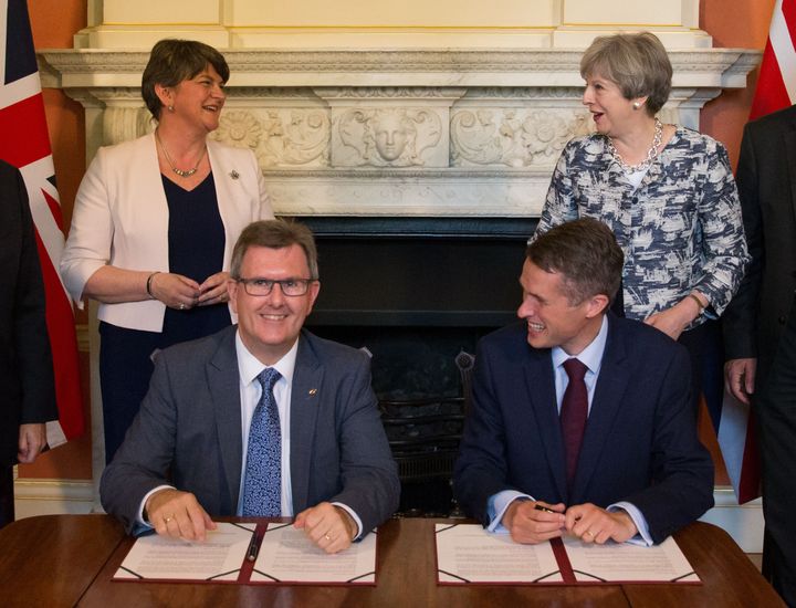 DUP leader Arlene Foster, Chief Whip Sir Jeffrey Donaldson, then Chief Whip Gavin Williamson and Theresa May