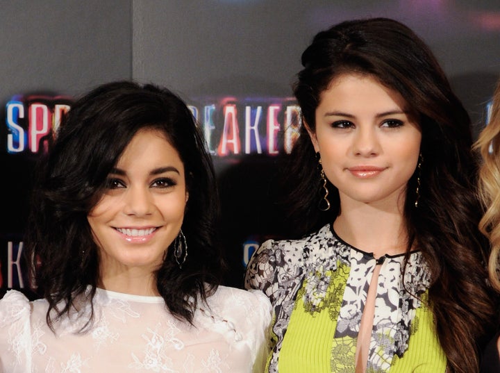 MADRID, SPAIN - FEBRUARY 21: (L-R) Vanessa Hudgens and Selena Gomez attend a photocall for Spring Breakers at the Villamagna