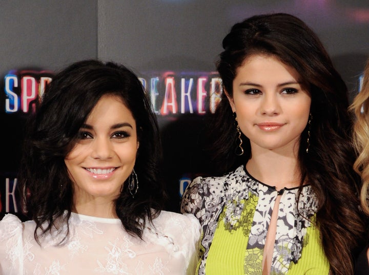 MADRID, SPAIN - FEBRUARY 21: (L-R) Vanessa Hudgens and Selena Gomez attend a photocall for Spring Breakers at the Villamagna Hotel on February 21, 2013 in Madrid, Spain. (Photo by Fotonoticias/WireImage)