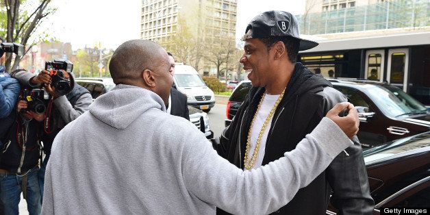 NEW YORK, NY - APRIL 22: Kanye West and Jay-Z seen on the streets of Manhattan on April 22, 2013 in New York City. (Photo by James Devaney/WireImage)