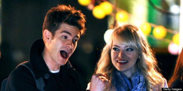 NEW YORK, NY - APRIL 17: Andrew Garfield and Emma Stone filming 'The Amazing Spider-Man 2' on April 17, 2013 in New York City. (Photo by Aby Baker/Getty Images)