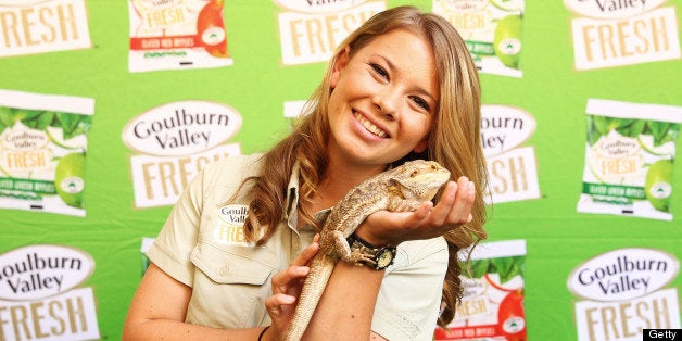 SYDNEY, AUSTRALIA - FEBRUARY 18: Bindi Irwin poses with a pet lizard during the Goulburn Valley Fresh launch at Martin Place