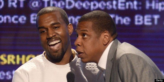 LOS ANGELES, CA - JULY 01: Recording artists Kanye West (L) and Jay-Z accept the award for Video of the Year onstage during the 2012 BET Awards at The Shrine Auditorium on July 1, 2012 in Los Angeles, California. (Photo by Michael Buckner/Getty Images For BET)