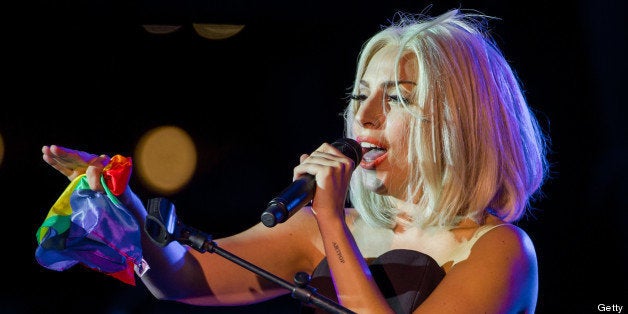NEW YORK, NY - JUNE 28: Musician Lady Gaga sings the Star-Spangled Banner at The Rally during NYC Pride 2013 on June 28, 201