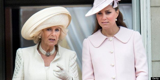 LONDON, ENGLAND - JUNE 15: Catherine, Duchess of Cambridge and Camilla, Duchess of Cornwall during the annual Trooping The Colour ceremony at Horse Guards Parade on June 15, 2013 in London, England. (Photo by Mark Cuthbert/UK Press via Getty Images)