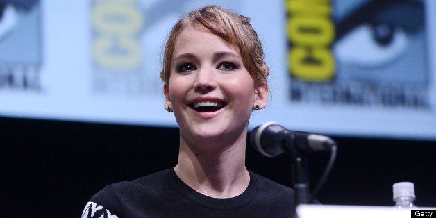 SAN DIEGO, CA - JULY 20: Actress Jennifer Lawrence speaks onstage at the Lionsgate preview featuring 'I, Frankenstein' and 'The Hunger Games: Catching Fire' during Comic-Con International 2013 at San Diego Convention Center on July 20, 2013 in San Diego, California. (Photo by Albert L. Ortega/Getty Images)
