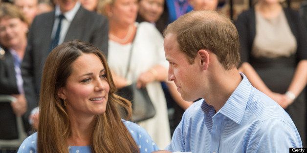 LONDON, UNITED KINGDOM - JULY 23: Catherine, Duchess of Cambridge and Prince William, Duke of Cambridge leave The Lindo Wing of St Mary's Hospital with their newborn son at St Mary's Hospital on July 23, 2013 in London, England. (Photo by Samir Hussein/WireImage)