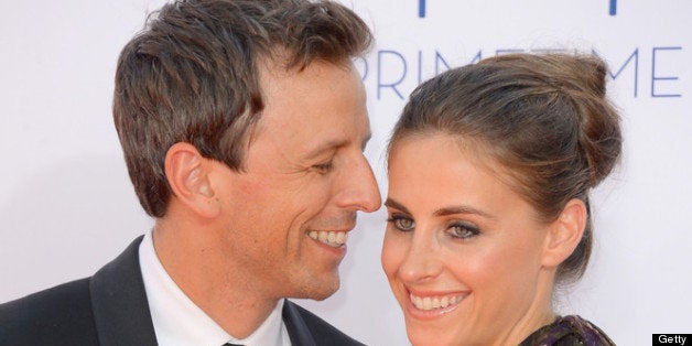 LOS ANGELES, CA - SEPTEMBER 23: Actor Seth Meyers and wife Alexi Ashe arrive at the 64th Annual Primetime Emmy Awards at Nokia Theatre L.A. Live on September 23, 2012 in Los Angeles, California. (Photo by Frazer Harrison/Getty Images)