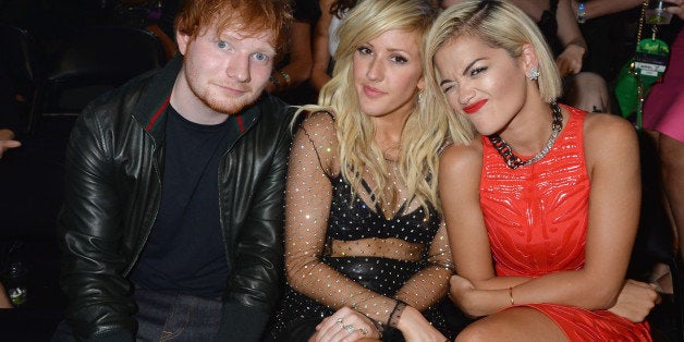 NEW YORK, NY - AUGUST 25: (L-R) Ed Sheeran, Ellie Goulding and Rita Ora attend the 2013 MTV Video Music Awards at the Barclays Center on August 25, 2013 in the Brooklyn borough of New York City. (Photo by Jeff Kravitz/FilmMagic for MTV)