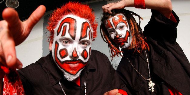CHICAGO, IL - OCTOBER 30: Rappers Shaggy 2 Dope (r) and Violent J (l) of the Insane Clown Posse pose backstage October 30, 2003 at the Riviera in Chicago, Illinois. (Photo by Scott Harrison/Getty Images)