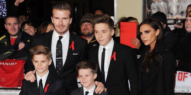 LONDON, UNITED KINGDOM - DECEMBER 01: Romeo Beckham, David Beckham, Cruz Beckham, Brooklyn Beckham and Victoria Beckham attend the world premiere of 'The Class of 92' at Odeon West End on December 1, 2013 in London, England. (Photo by Stuart C. Wilson/Getty Images)
