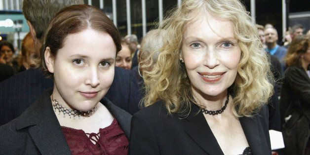 NEW YORK - MAY 1: Mia Farrow (R) and daughter Dylan Farrow (L) arrive at the Opening Night of 'Gypsy' on Broadway at The Shubert Theatre on May 1, 2003 in New York City. (Photo By Bruce Glikas/Getty Images)
