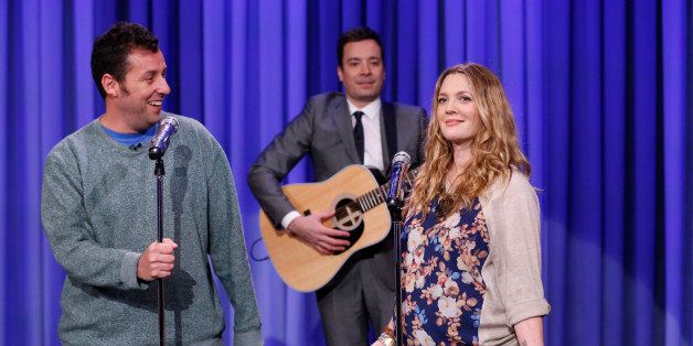 THE TONIGHT SHOW STARRING JIMMY FALLON -- Episode 0008 -- Pictured: Actress Drew Barrymore and Actor Adam Sandler perform with Jimmy on Wednesday, February 26, 2014 -- (Photo by: Lloyd Bishop/NBC/NBCU Photo Bank via Getty Images)