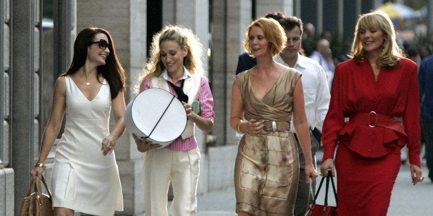 NEW YORK - SEPTEMBER 21: Actresses Kristin Davis as 'Charlotte,' Sarah Jessica Parker as 'Carrie Bradshaw,' Cynthia Nixon as 'Miranda,' and Kim Cattrall as 'Samantha' on location for 'Sex and the City: The Movie' on September 21, 2007, in New York City. (Photo by Brian Ach/WireImage) 