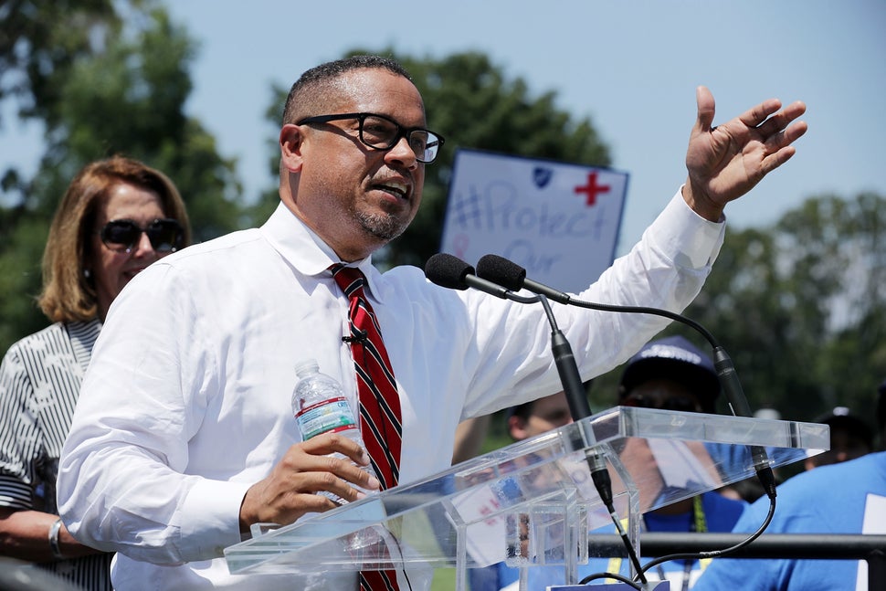 Rep. Keith Ellison (D-Minn.) addresses a rally against Trump administration funding cuts to education outside the U.S. Capito